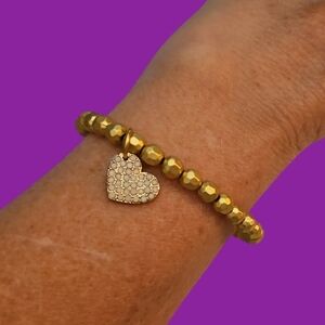 3/$30 Matte Goldtone Acrylic Beaded Heart Charm Coquette Stretch Bracelet